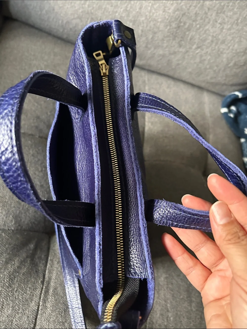 Portland Leather Mini Crossbody Tote with zipper deep purple/blue shade - Picture 7 of 10